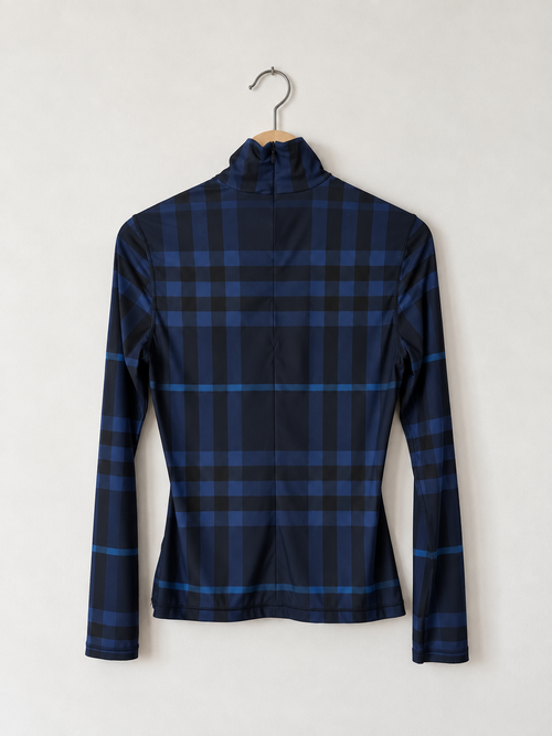 Blue Burberry check high-neck stretch top, M