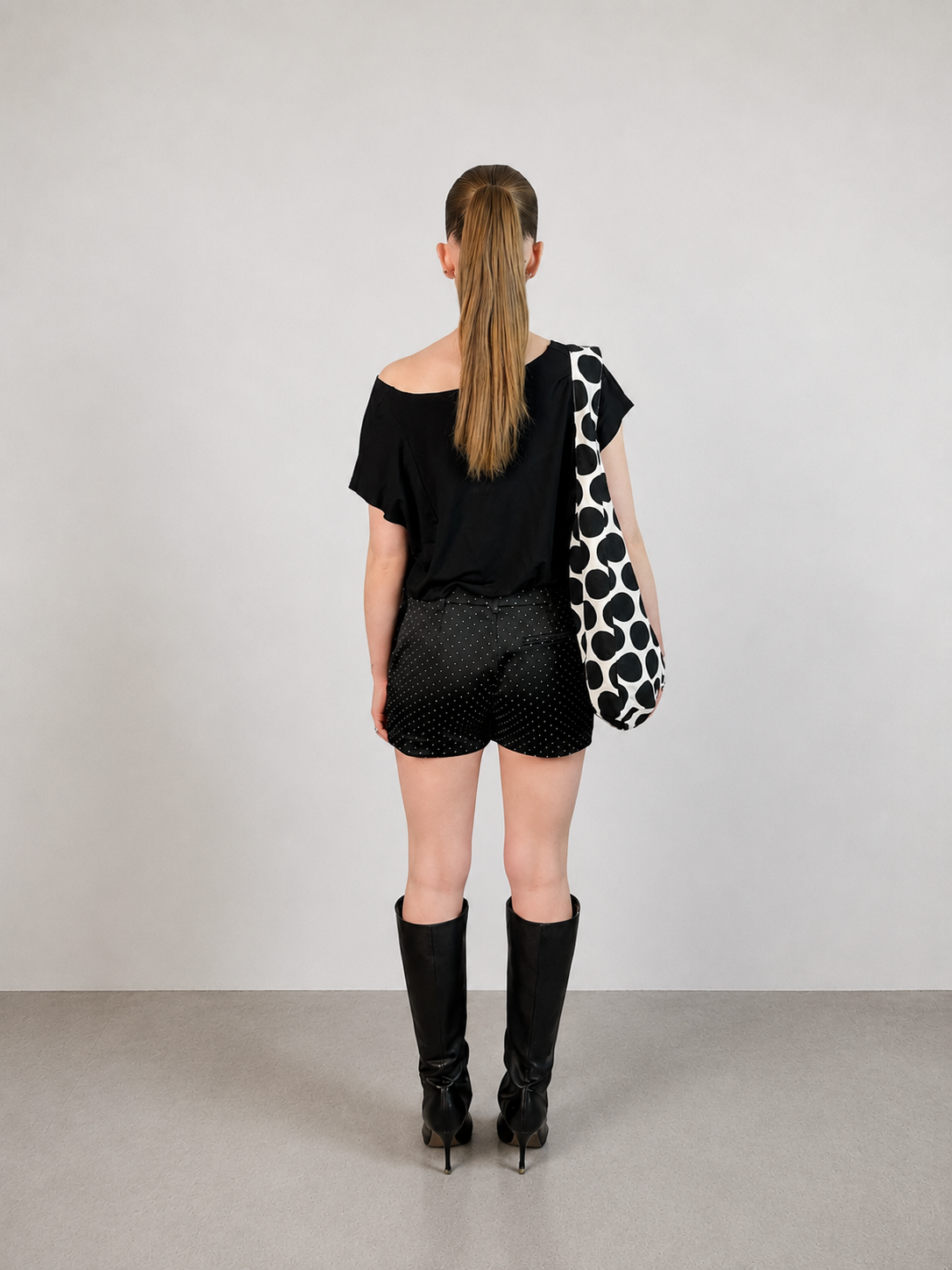 Polka dot buckle shorts, black and white. Upcycling collection, S