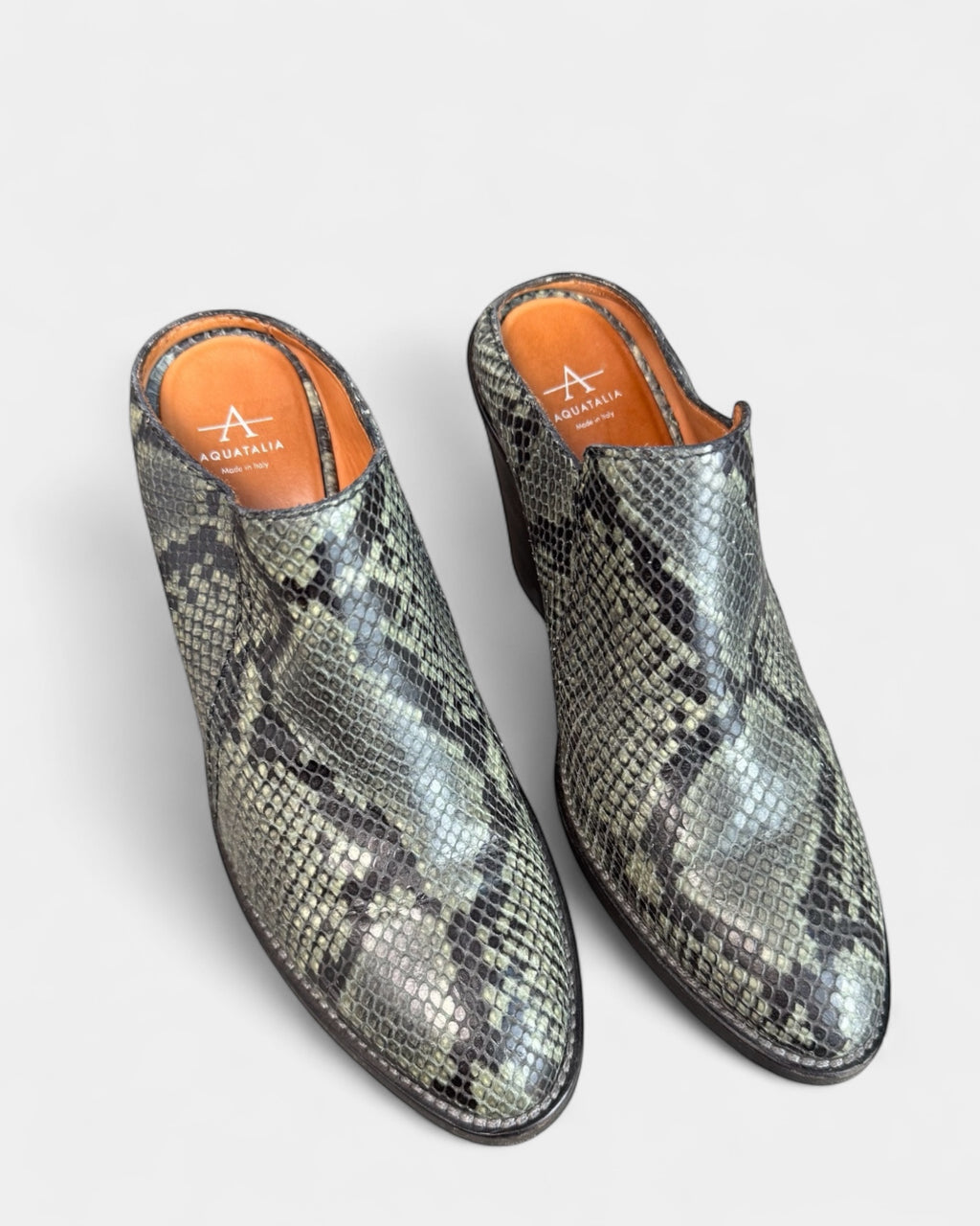 Aquatalia green python-effect leather mules, 8.5